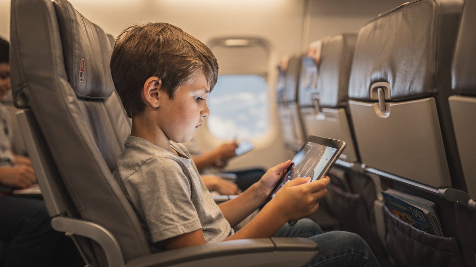 A child, aged about 9, intently focused on an iPad, watching a pre-downloaded movie while sitting comfortably in an airplane seat, the seatbelt sign subtly visible.
