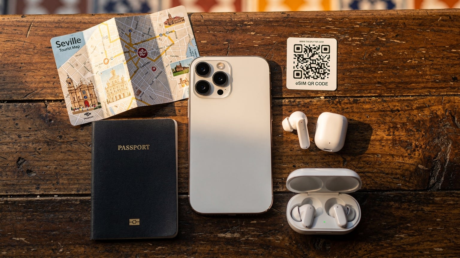 An editorial overhead flat-lay shot on a rustic wooden table in a café in Seville, Spain, showing an iPhone 15, a Cellesim eSIM QR card, a passport, a pair of wireless earbuds, and a local tourist map, suggesting prepared travel.