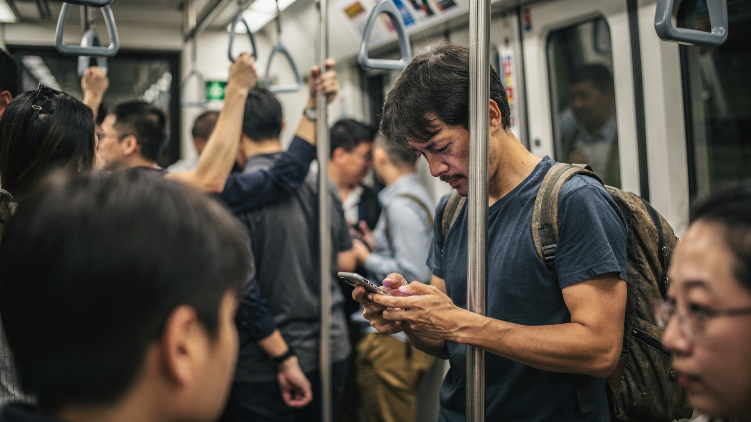 一位疲憊的旅行者在香港擁擠的地鐵車廂內，手持iPhone查看資訊，周圍是其他乘客，體現出城市的節奏。