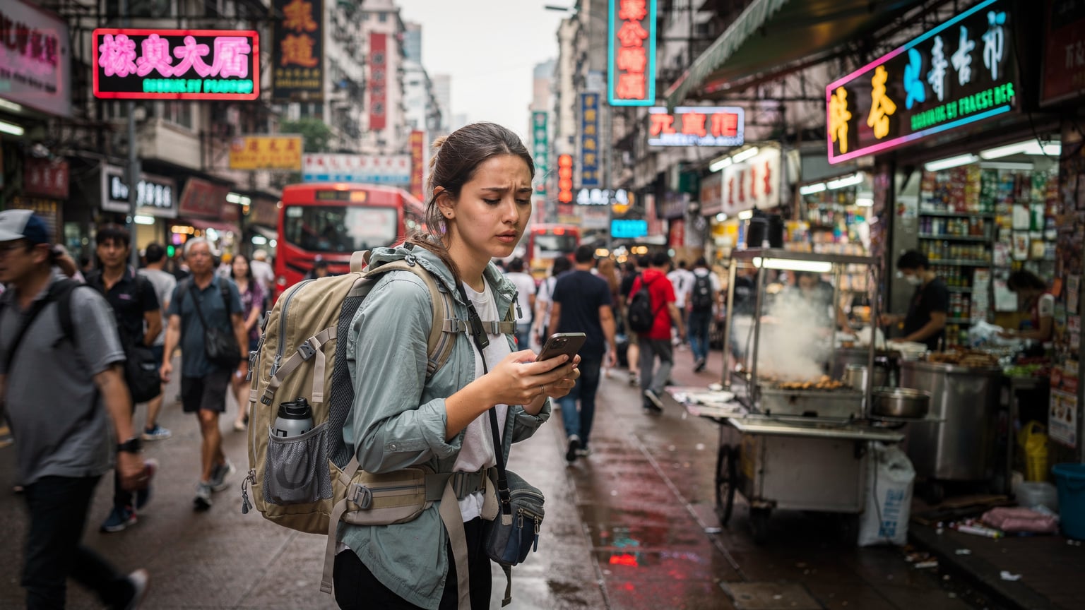 一位年輕女性背包客在香港旺角街頭的熙攘人群中，手持iPhone查看地圖，背景是色彩斑斕的店鋪招牌。