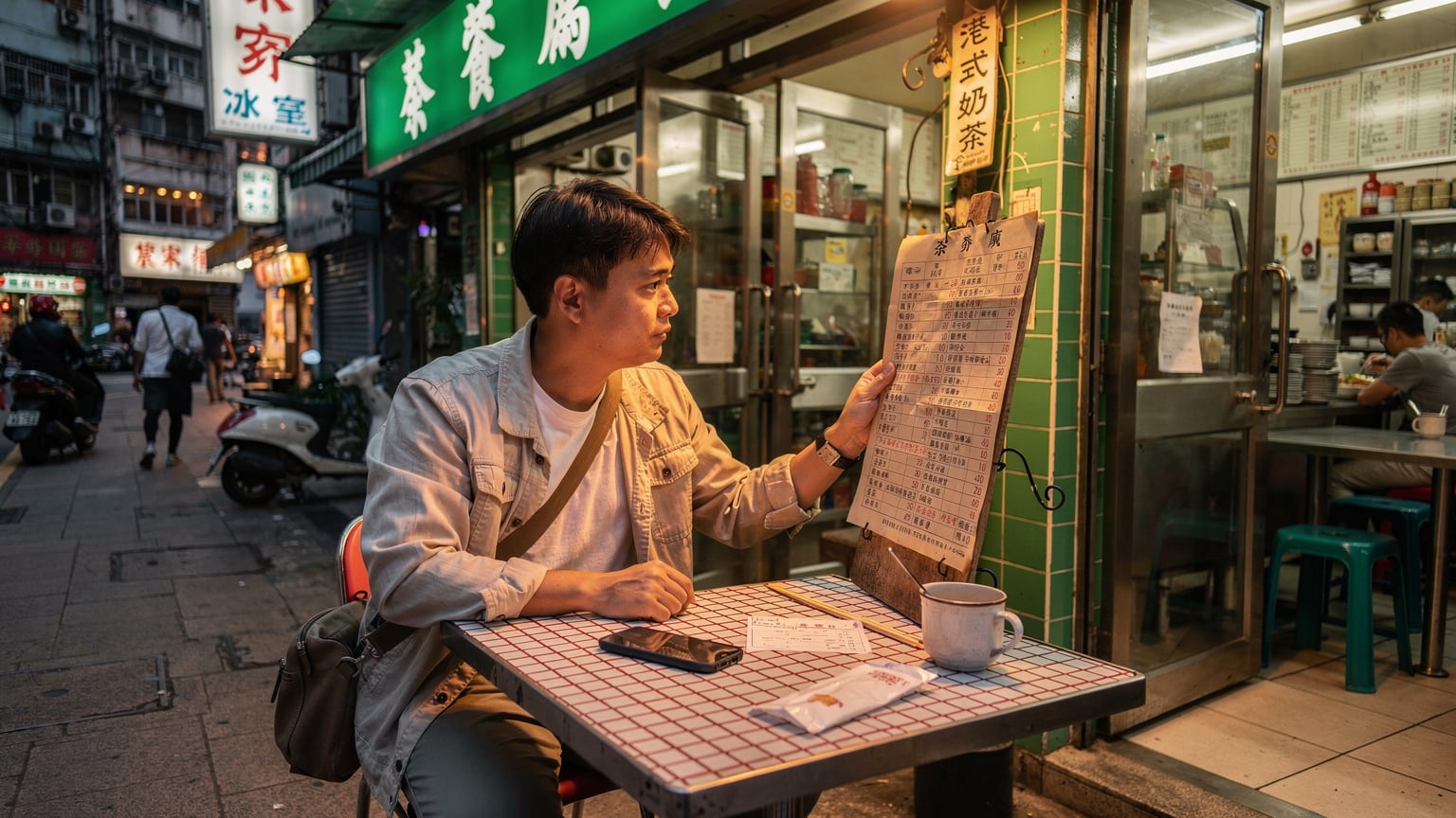 一位旅行者坐在香港一家傳統茶餐廳的戶外座位，手機平放在桌上，背景是店鋪的招牌和街景。