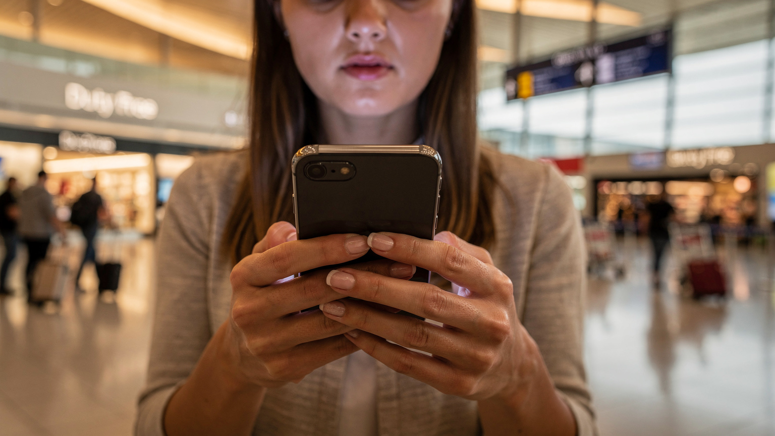 Mani di una donna che tiene uno smartphone con una notifica di roaming dati in un affollato aeroporto internazionale, con i passeggeri che si muovono e i bagagli sullo sfondo.