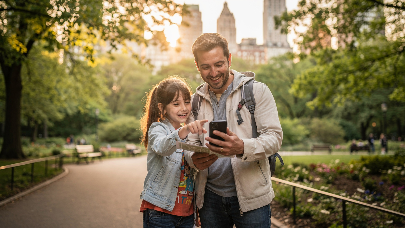 Un padre e una figlia consultano una mappa offline su uno smartphone in Central Park, New York, con lo skyline in lontananza e luce del tardo pomeriggio.