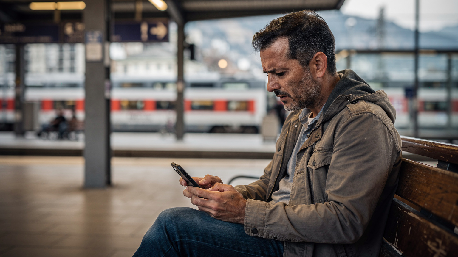 Ein Reisender sitzt auf einer Bank am Bahnhof Luzern, starrt besorgt auf sein Smartphone, dessen Bildschirm eine Fehlermeldung zur Netzverbindung anzeigt.