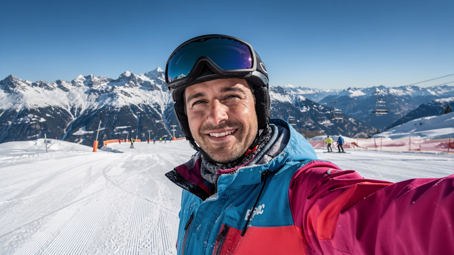 Ein Skifahrer macht ein Selfie auf der Piste mit majestätischen Schweizer Alpen im Hintergrund, während er sein Handy hochhält.