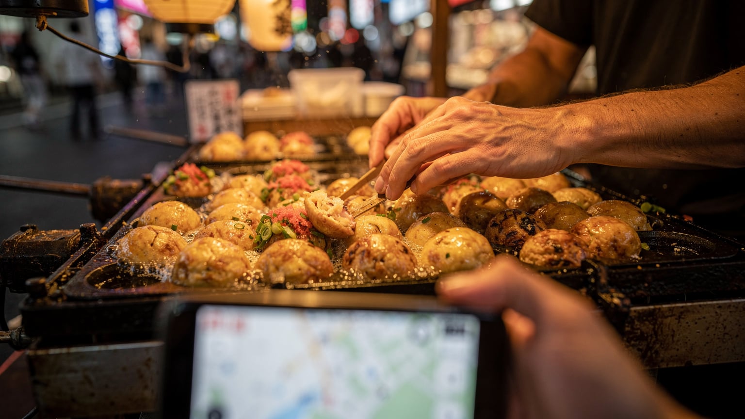 A close-up of a Japanese street food vendor's hands preparing takoyaki in Osaka, with a subtle, out-of-focus smartphone in the foreground showing a navigation app.