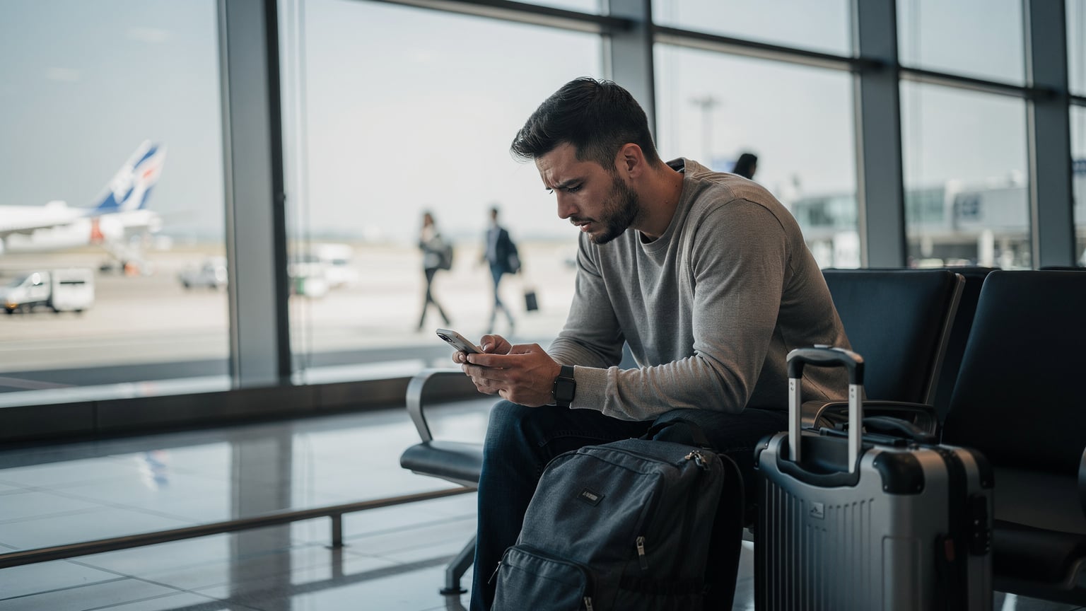 A traveler looking concerned at their smartphone screen while sitting in a quiet corner of a busy airport terminal, possibly Haneda, with luggage nearby.