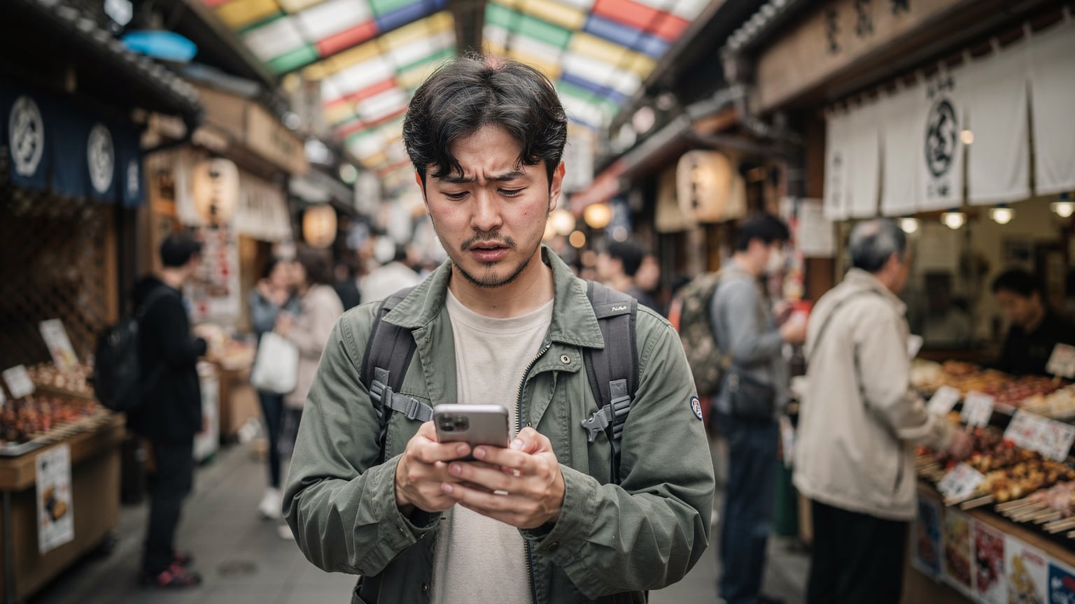 A traveler in a bustling Kyoto market, looking stressed as they check their phone, indicating potential connectivity issues or data limits.