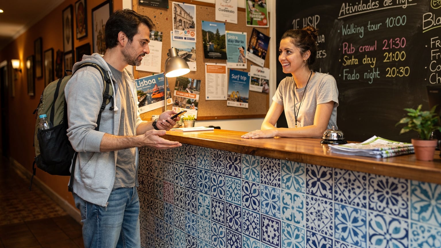 A person at a hostel reception desk in Lisbon, gesturing with their phone to a staff member, possibly asking for WiFi or help with a connectivity issue.