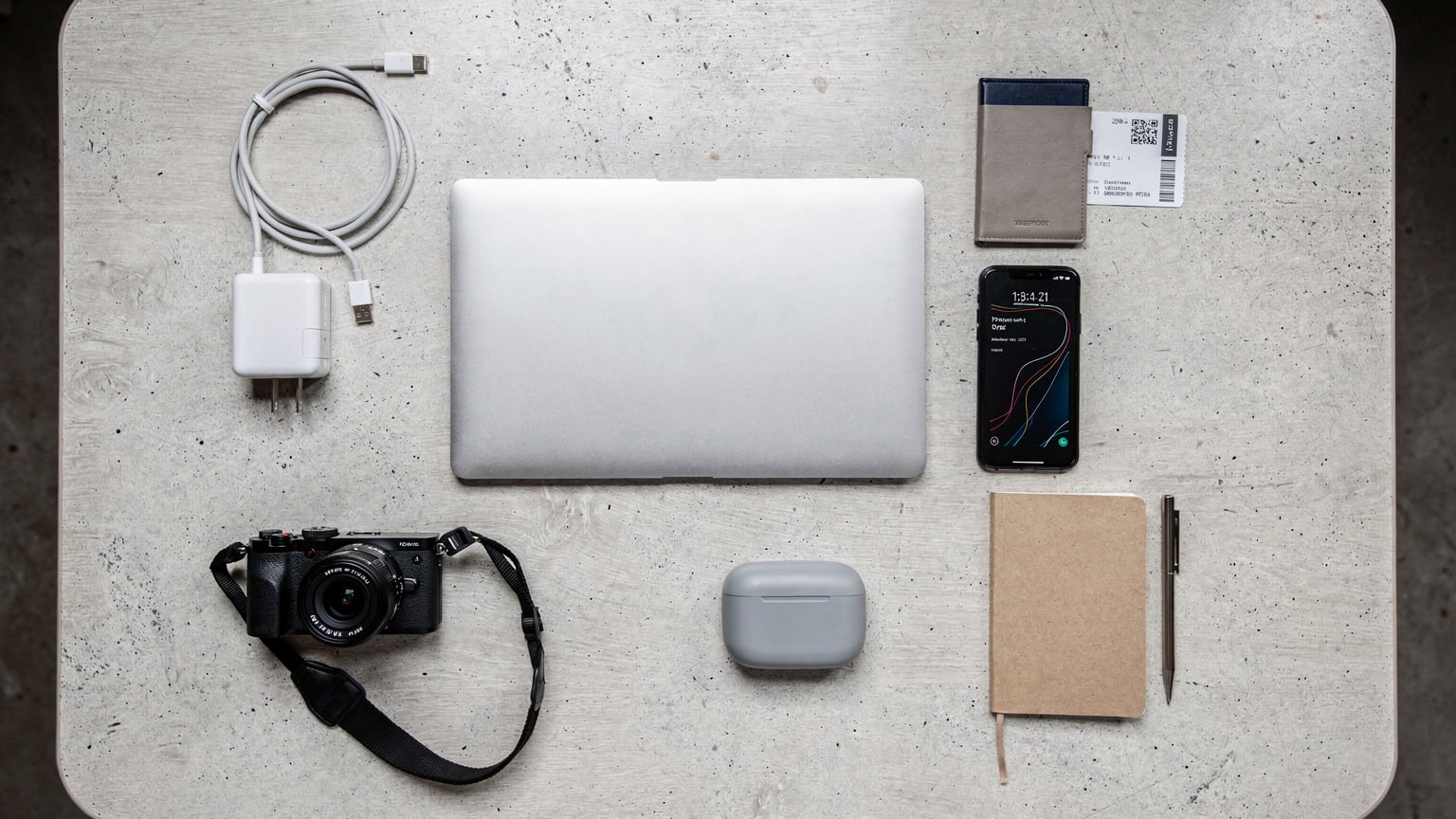 An overhead flat-lay shot of a well-organized travel desk, featuring a smartphone with an eSIM app open, a passport, a travel journal, and a small pile of local currency.
