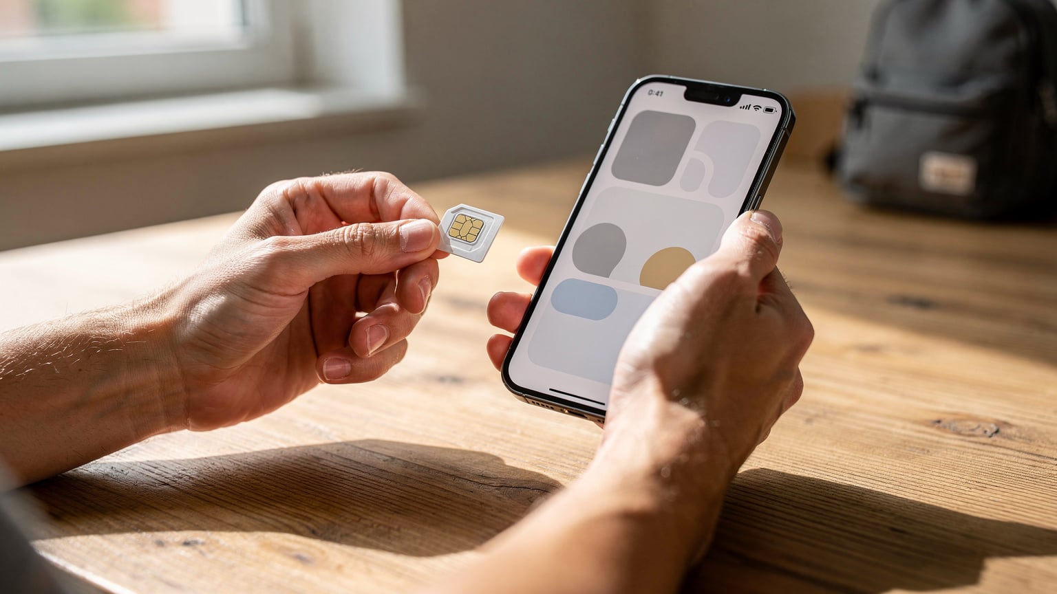 A close-up of a person's hands holding a smartphone, with another hand holding a physical SIM card, illustrating the choice between eSIM and traditional SIM.