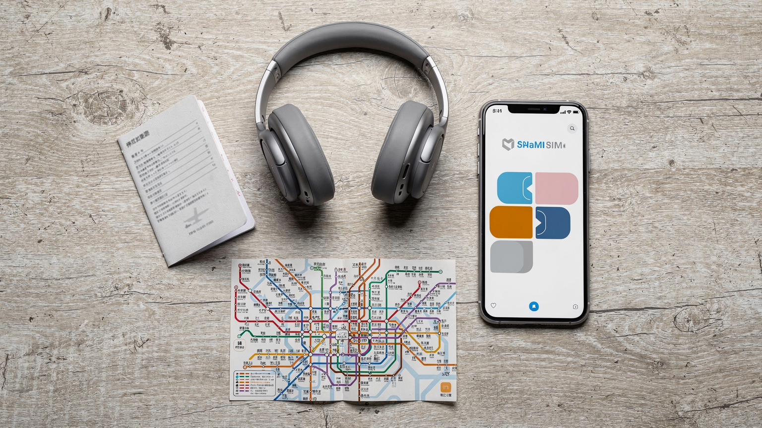 En overhead flat-lay af et åbent pas, en smartphone med en eSIM-applikation åben, et par trådløse hovedtelefoner og et lokalt bykort (f.eks. med Tokyos metro-linjer) arrangeret på et lyst træbord.