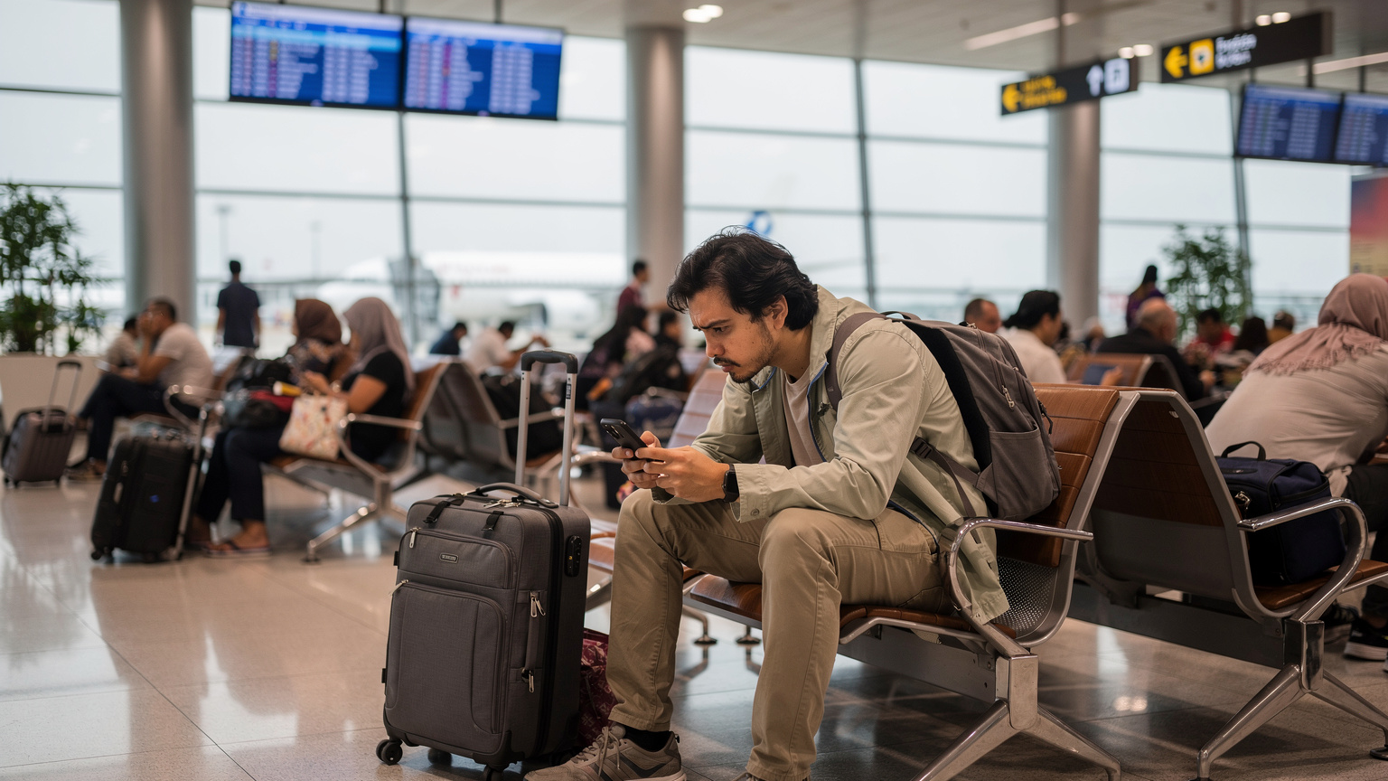 En ung mand, der ligner en erfaren rejsende, sidder på en travl lufthavnsterminal i Sydøstasien, måske Changi Lufthavn i Singapore, og stirrer frustreret på sin telefon, mens han forsøger at få forbindelse. Bag ham ses andre rejsende og en stor digital skærm med afgangstider.