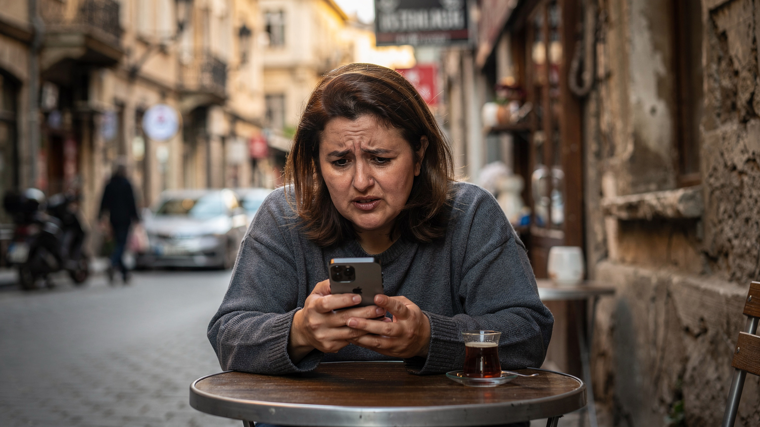 En kvinde sidder ved et udendørs bord på en lille, lokal café i Istanbul, måske i Karaköy, og kigger intenst på sin telefon, mens hun har et udtryk af bekymring i ansigtet.
