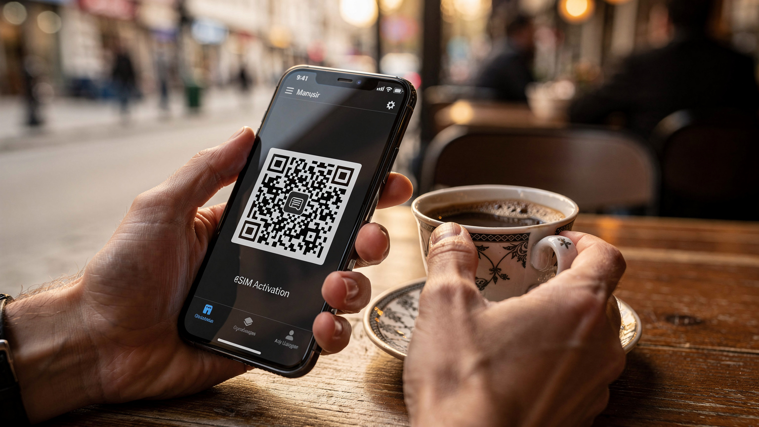 En tæt på-optagelse af hænder, der holder en smartphone og en lille kop tyrkisk kaffe, muligvis i Kadıköy, Istanbul. På telefonens skærm er der en QR-kode, der scannes, og baggrunden er sløret, men antyder en hyggelig caféatmosfære.