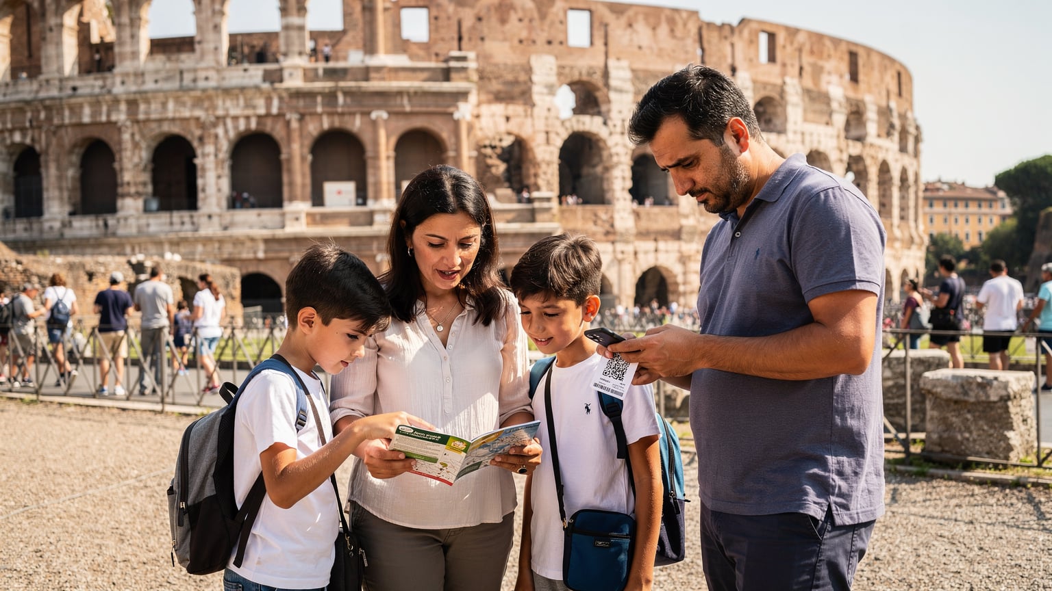 Roma'da Colosseum yakınlarında, bir anne ve iki çocuğu (10 ve 12 yaşlarında) haritaya bakarken, babaları telefonundan eSIM QR kodunu okutarak bağlantı kuruyor. Güneşli bir öğleden sonra.
