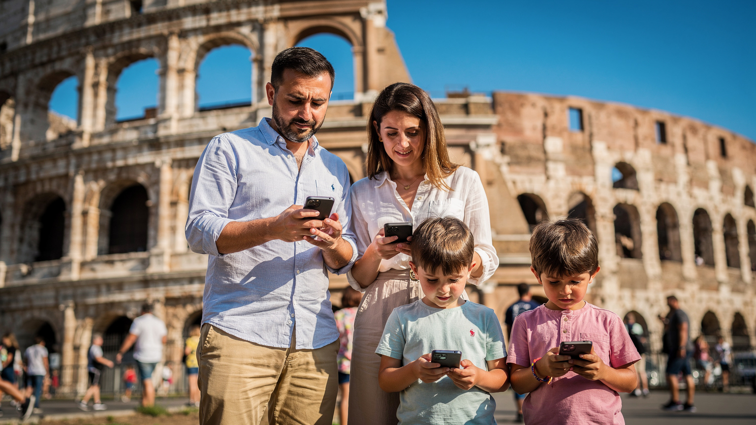 Roma'daki Kolezyum önünde, bir ailenin (anne, baba, iki çocuk) cep telefonlarından bilet veya harita kontrol ederken çekilmiş bir fotoğrafı. Güneşli bir öğleden sonra.