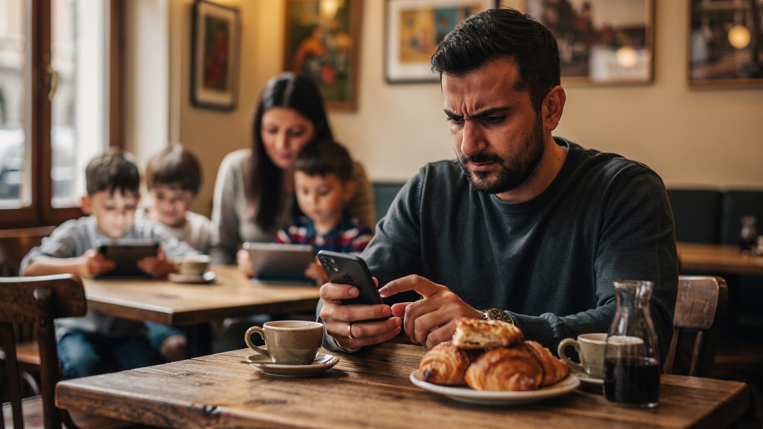 Yurt dışı bir kafede, genç bir Türk çifti ve çocukları, önlerinde kahveler ve tabletler varken, babanın telefonunda eSIM kurulumu yaparken. Hafif telaşlı bir ifadeyle ekrana bakıyor.