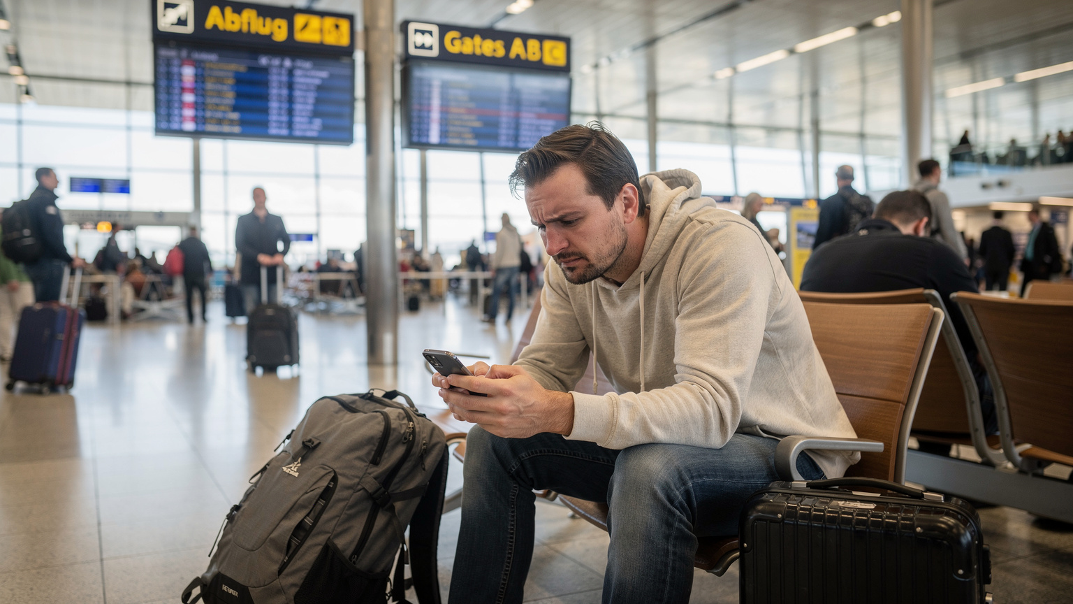 Ein Reisender sitzt in einem überfüllten Flughafen-Terminal in Frankfurt, Deutschland, und schaut besorgt auf sein Smartphone, während er versucht, eine Verbindung herzustellen. Ein Koffer steht neben ihm.