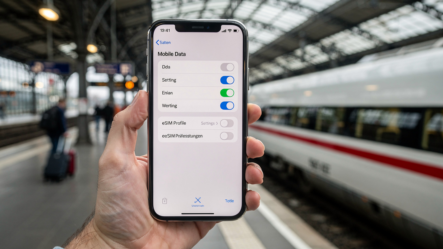Ein Smartphone zeigt die Einstellungen für mobile Daten und die aktivierte eSIM-Verbindung. Im Hintergrund ist leicht unscharf ein belebter Bahnhof mit einem Zug zu sehen, was die Reisekonnektivität symbolisiert.