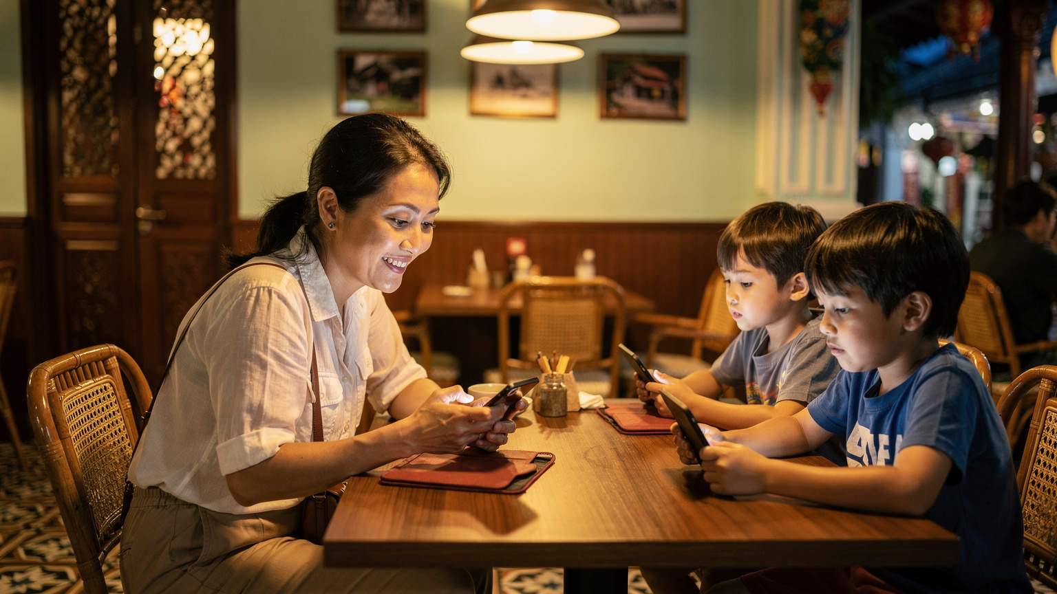 Seorang ibu tersenyum santai sambil menelusuri menu di ponselnya di sebuah restoran yang nyaman di George Town, Penang, sementara dua anaknya yang berusia 4 dan 10 tahun duduk di seberang meja, asyik dengan perangkat tablet mereka masing-masing.