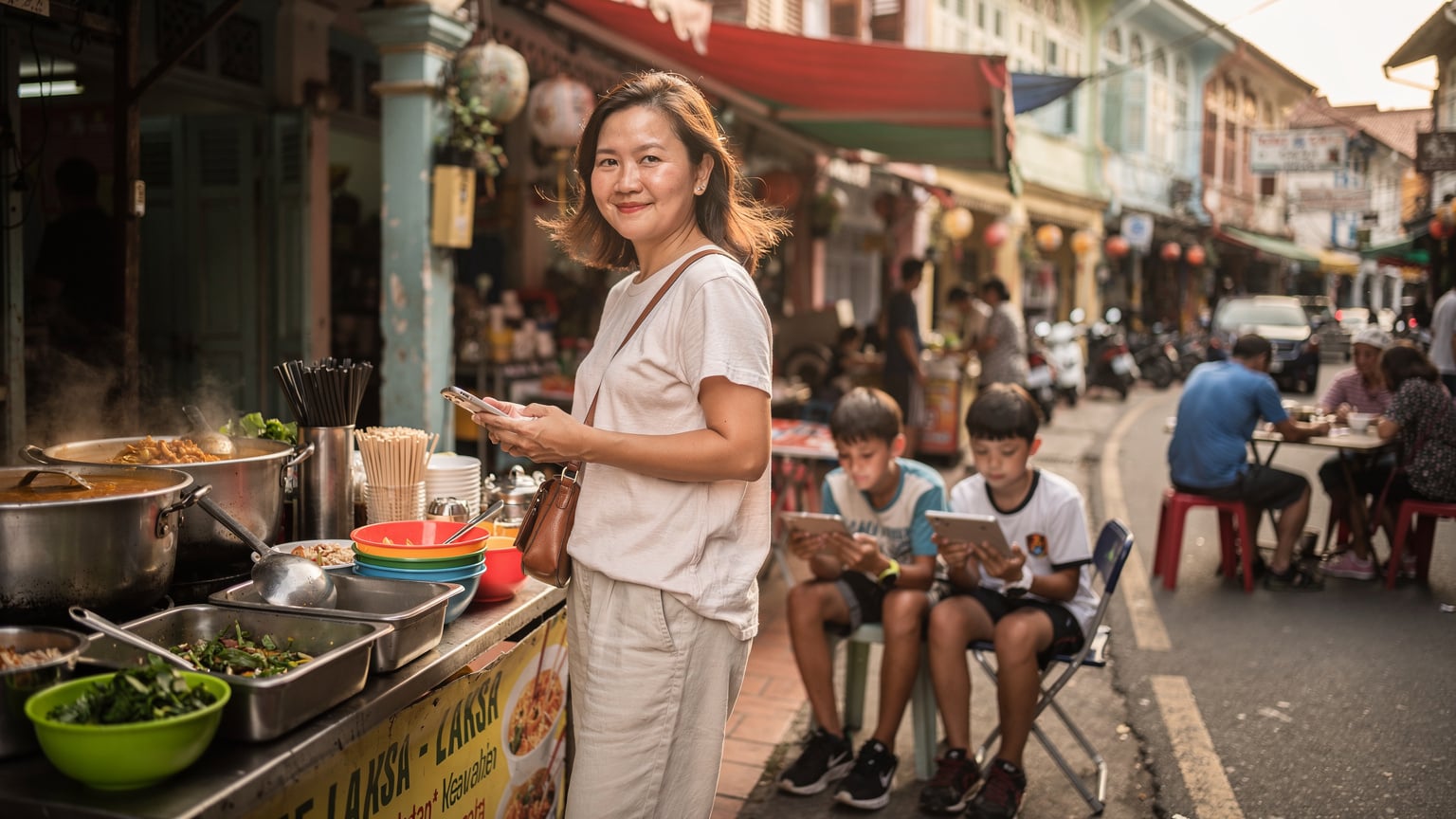 Seorang ibu tersenyum sambil memegang smartphone di depan gerobak penjual laksa penang yang ramai di George Town, Penang, dengan anak-anaknya yang berusia 8 dan 10 tahun sibuk bermain di tablet masing-masing di sampingnya.