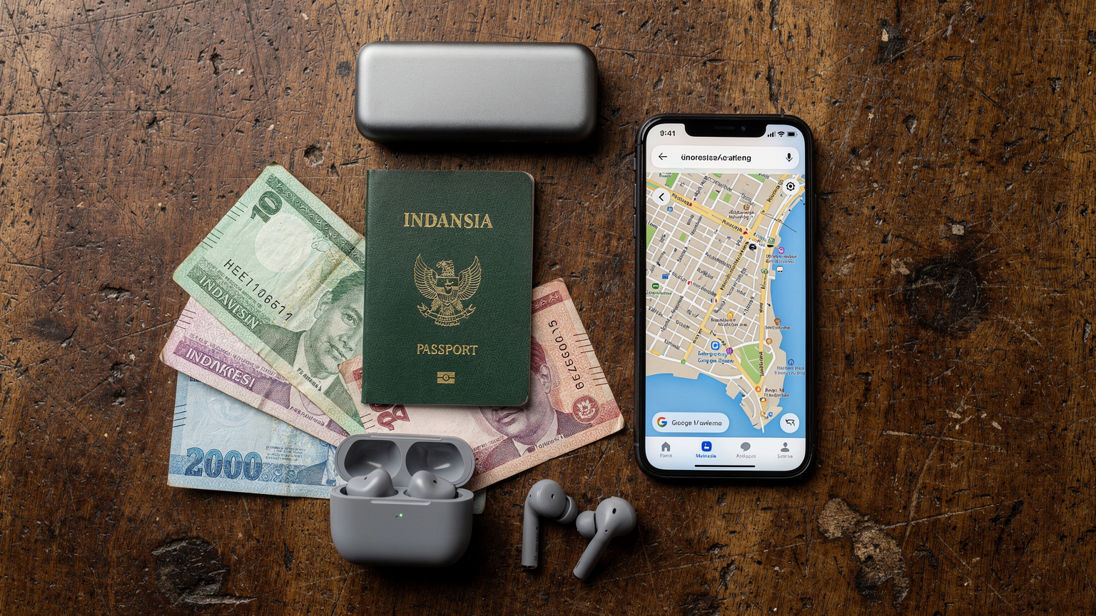 Sebuah flat lay editorial yang menampilkan paspor Indonesia, smartphone dengan layar aplikasi Google Maps yang menampilkan peta George Town, power bank berwarna abu-abu, sepasang earbud nirkabel, dan beberapa lembar uang Ringgit Malaysia yang tersebar di meja.