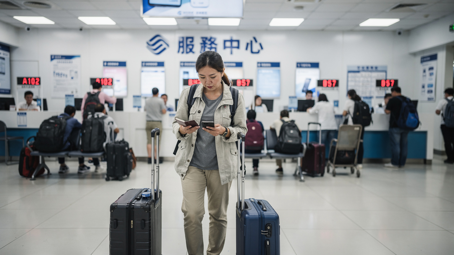一位旅客在中國移動營業廳內排隊等候辦理業務，身旁堆放著行李箱，表情略顯無奈。