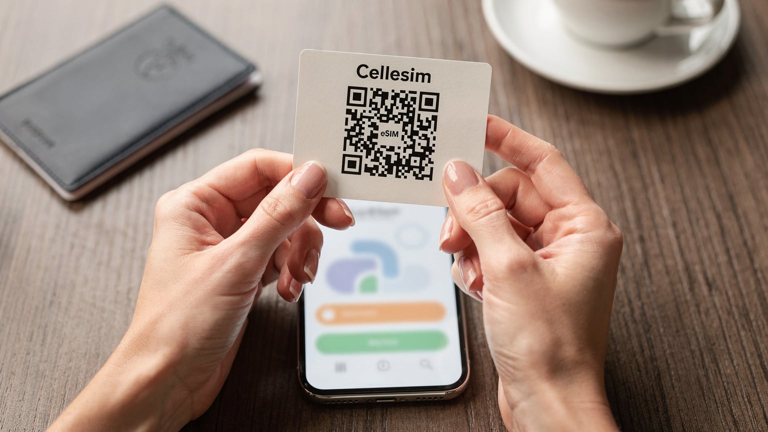 一雙手熟練地在iPhone手機上掃描Cellesim eSIM的QR Code, 螢幕上顯示著設置介面, 背景是現代簡潔的咖啡館桌面, 放有護照和一杯咖啡。