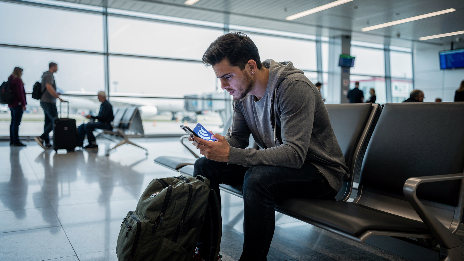 En uttråkad resenär sitter på Tirana International Airport, frustrerat stirrar på sin mobiltelefon med svag signal, medan andra passagerare rör sig i bakgrunden.