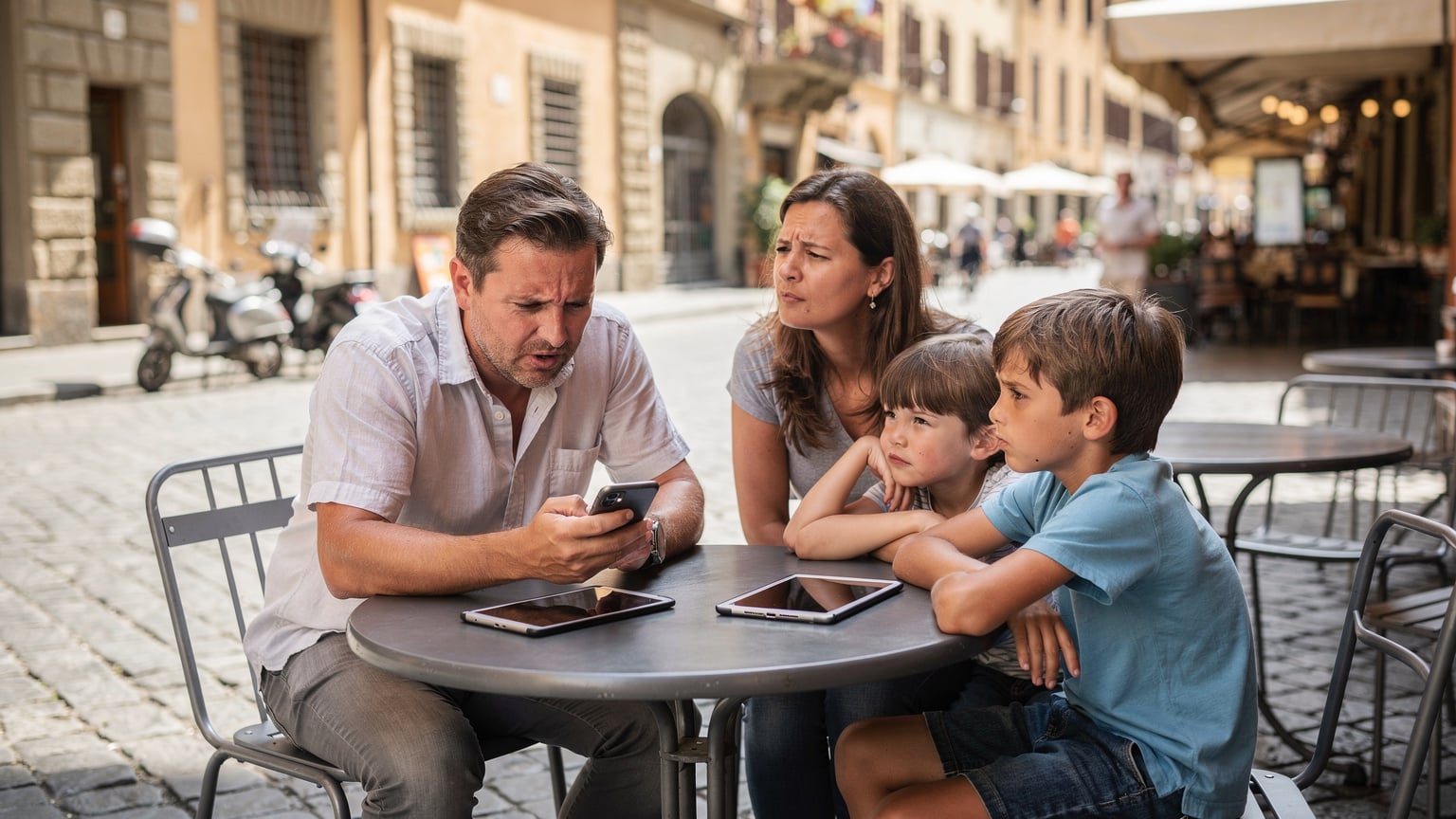 A family of four at an outdoor cafe in Florence, Italy, the parent looking frustrated at their phone while the children appear bored and restless, unable to use their devices.