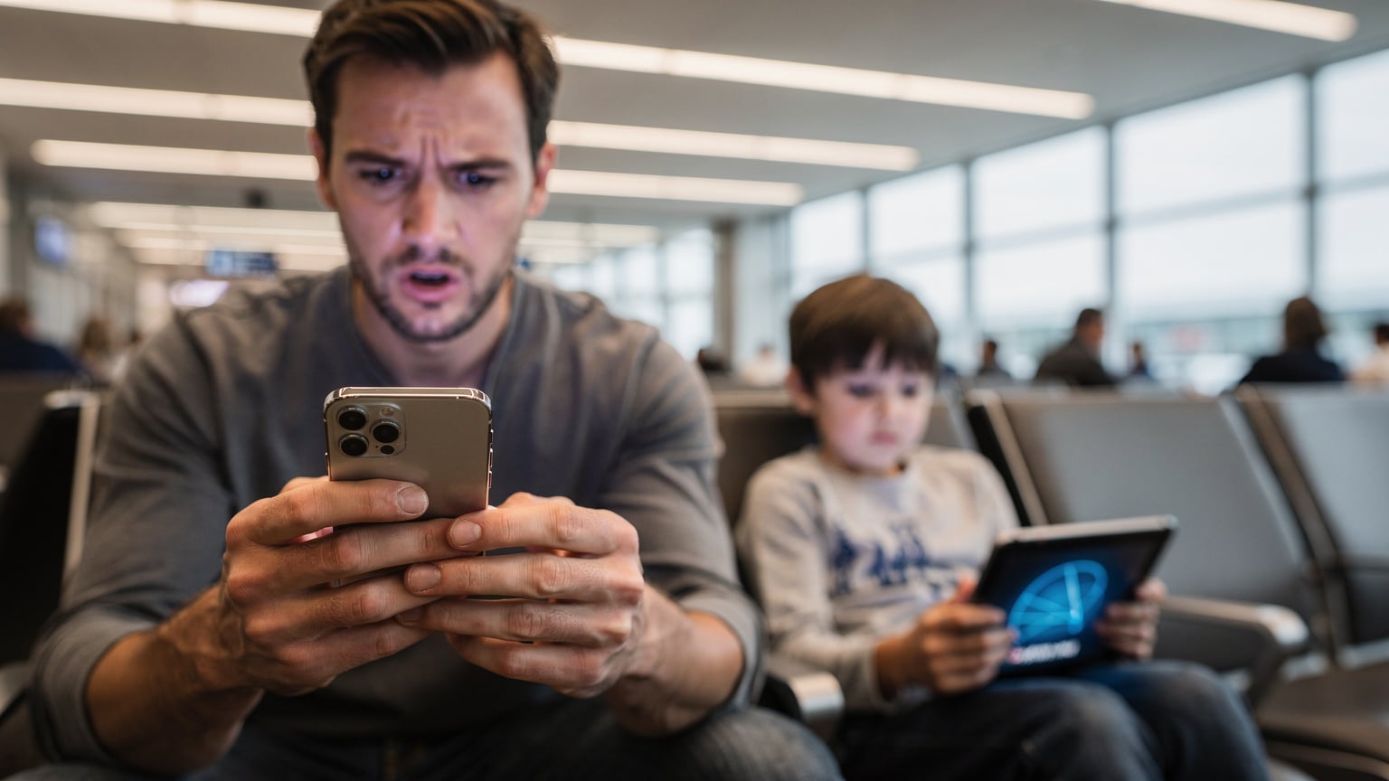 A parent looking stressed at their smartphone displaying a 'No Network' error, while a child in the background is upset, holding a tablet with a similar connectivity issue in a bustling airport lounge.