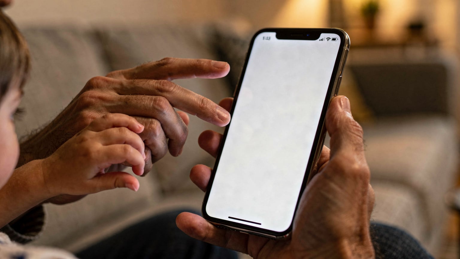 A close-up of a parent's hands navigating the parental control settings on an iPhone, while a child's small hand reaches playfully towards the device in the background.
