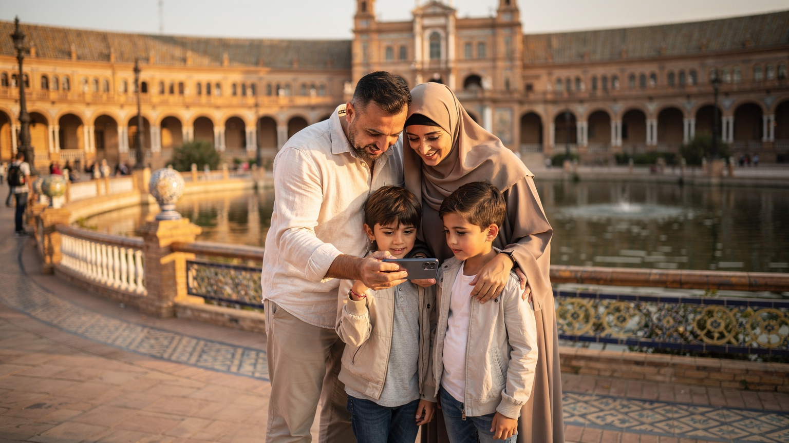 عائلة عربية، أب وأم وطفلان، ينظرون إلى هاتف ذكي يعرض خريطة أثناء استكشاف ساحة بلازا دي إسبانيا في إشبيلية، إسبانيا، في يوم مشمس.