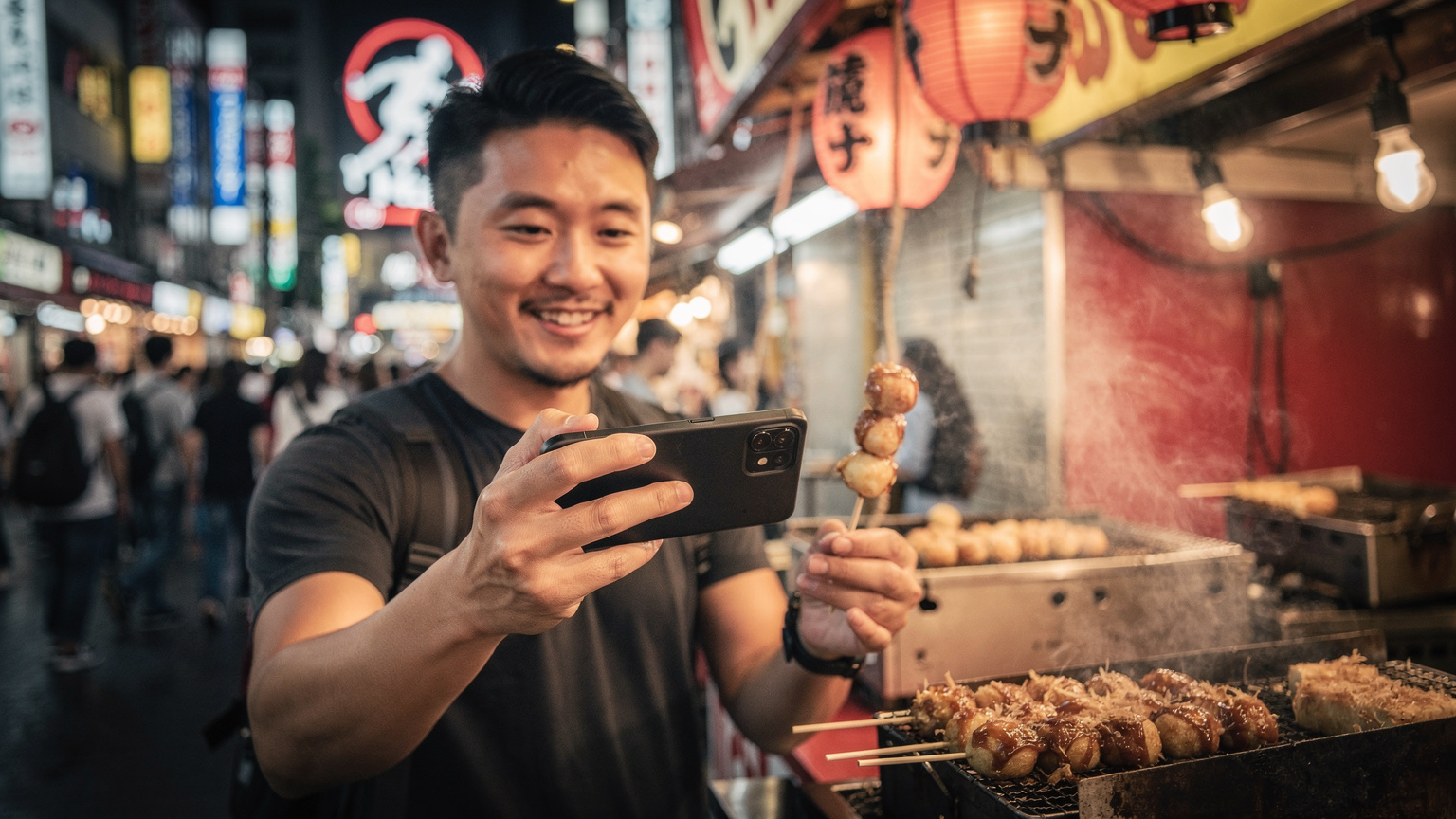 一位旅客在大阪道頓堀的街頭品嚐章魚燒，同時用手機拍照記錄美食。