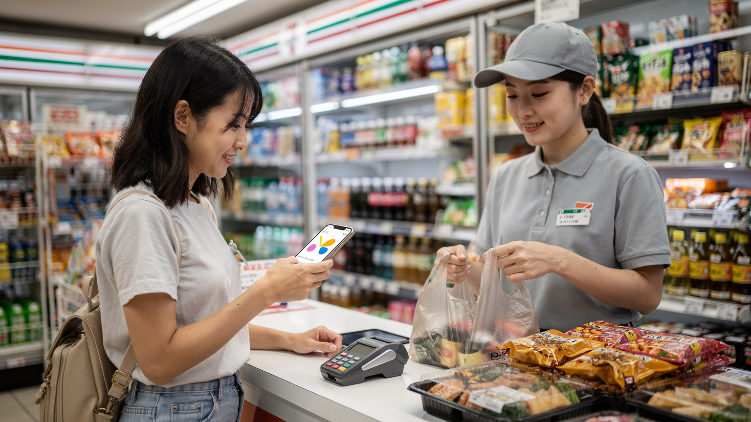 一位旅客在東京的便利店結賬，手機屏幕上顯示PayPay支付界面，店員正在打包商品。