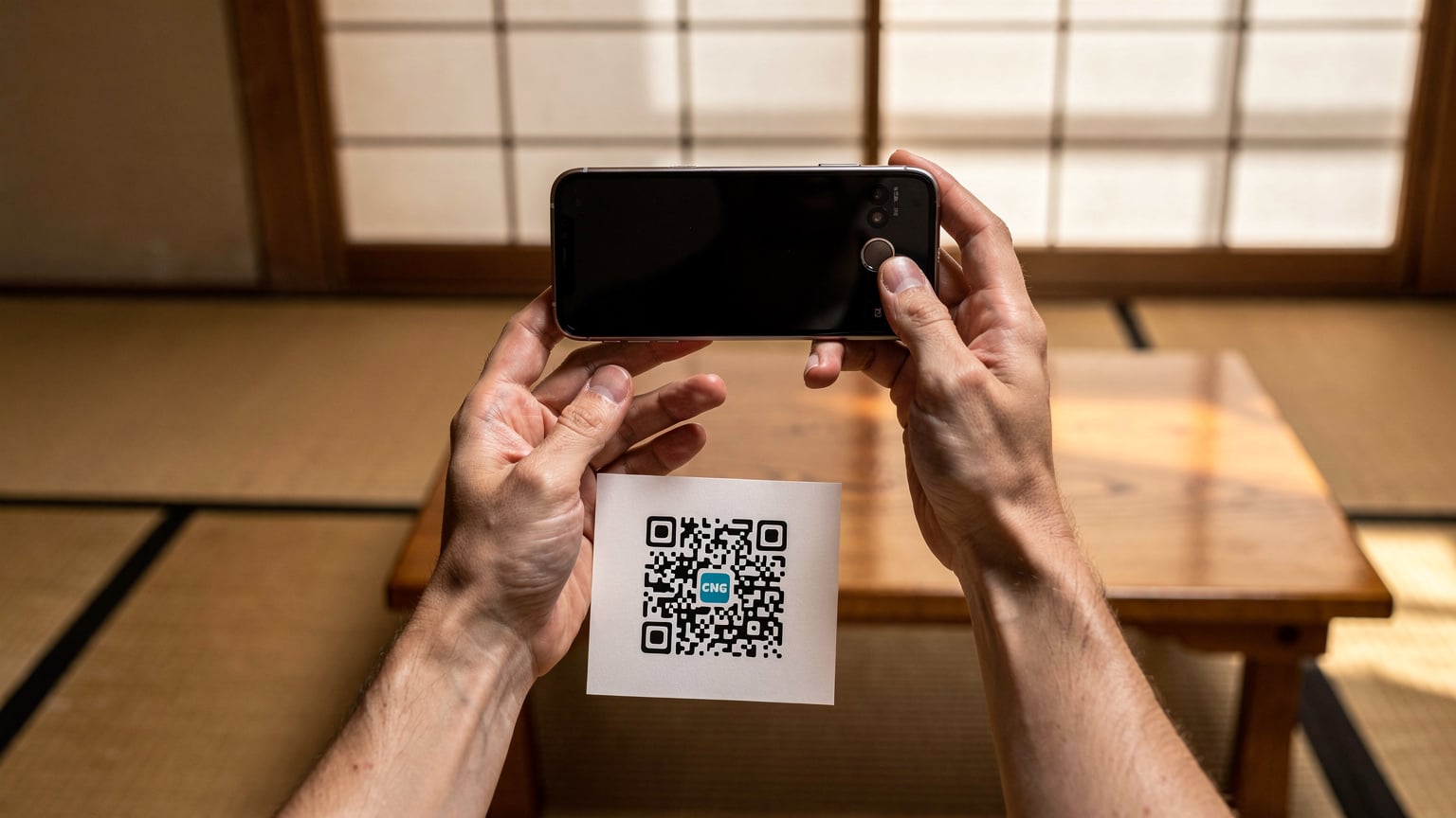 一雙手正在通過手機掃描eSIM激活二維碼，背景是日本傳統和室的模糊景象。