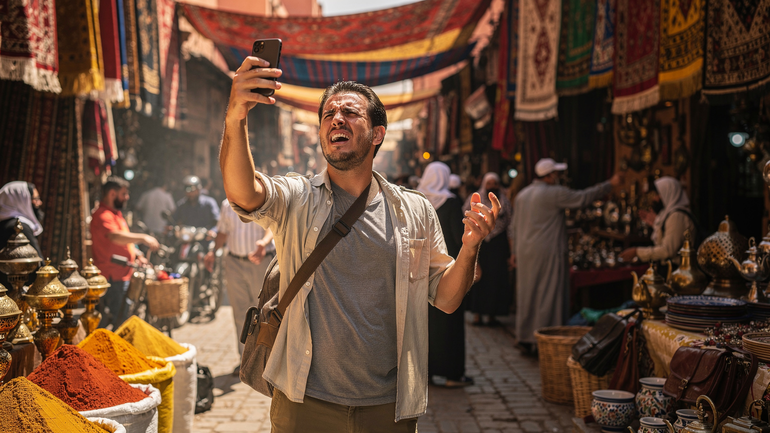 Un turista frustrado en un zoco concurrido de Marrakech, Marruecos, sosteniendo su teléfono con una expresión de confusión, intentando sin éxito obtener una señal de datos. La luz es brillante y dura de mediodía.