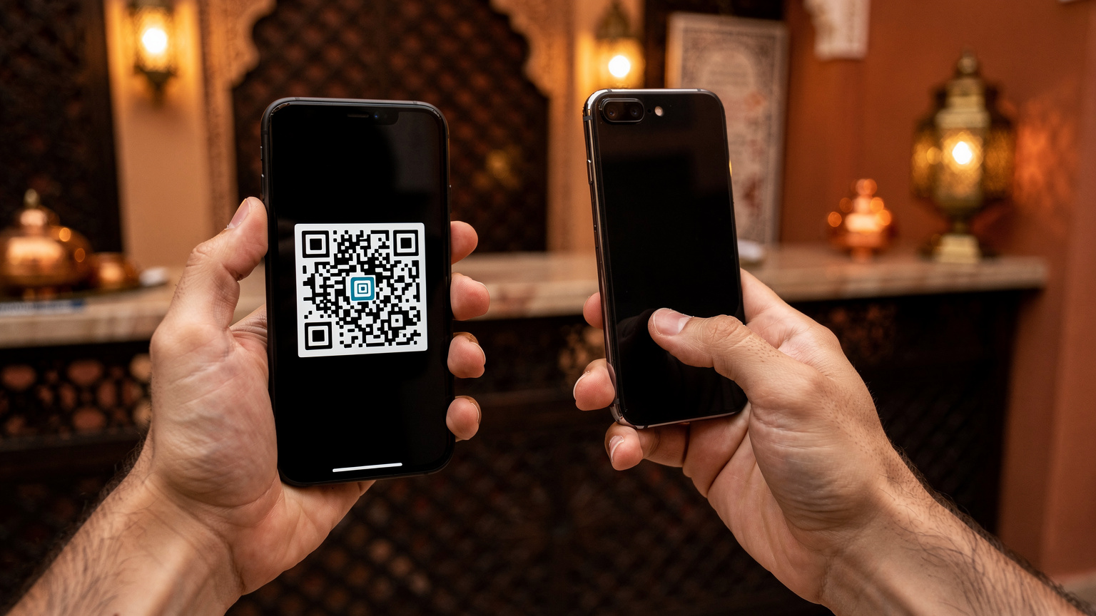 Manos de un viajero sosteniendo un smartphone mientras escanea un código QR para activar una eSIM, con un fondo ligeramente desenfocado de un mostrador de recepción de un riad en Marrakech.
