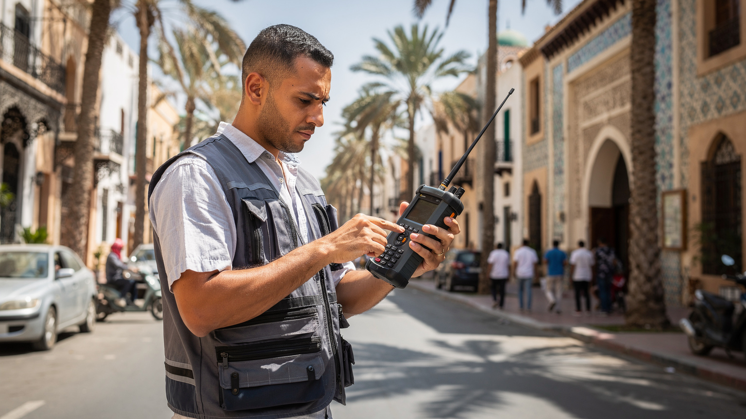 Un ingeniero de telecomunicaciones utiliza un analizador de espectro portátil para medir la intensidad de la señal 5G en una calle concurrida de Rabat, Marruecos, con edificios históricos y palmeras al fondo.