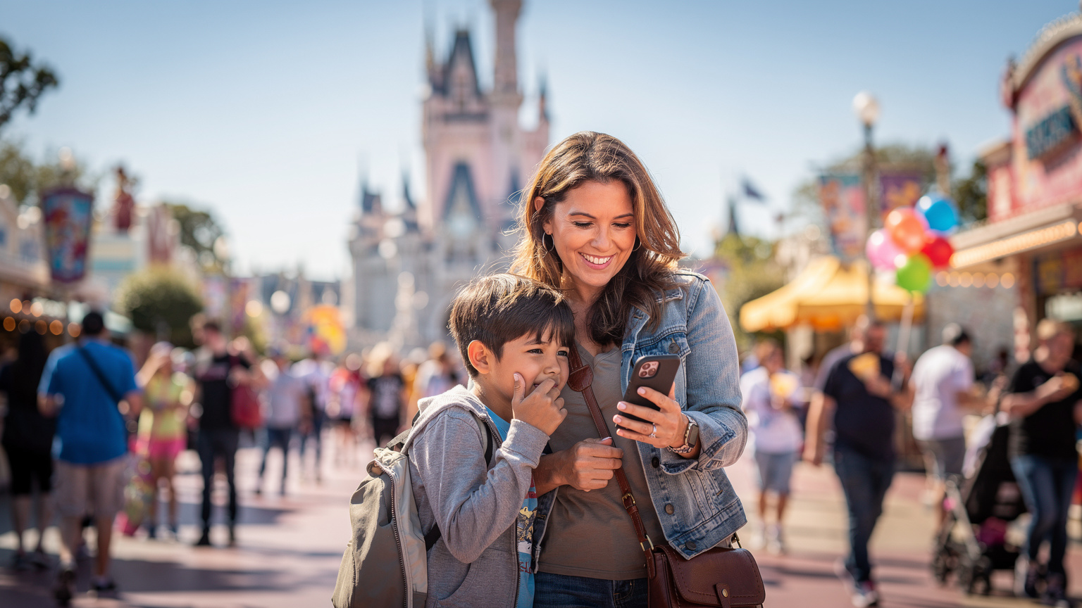 Une mère souriante et son enfant utilisent un téléphone portable pour naviguer dans un parc à thème bondé de visiteurs, illustrant la nécessité d'une connexion fiable pour les familles en voyage. Des personnages de dessins animés flous sont en arrière-plan.