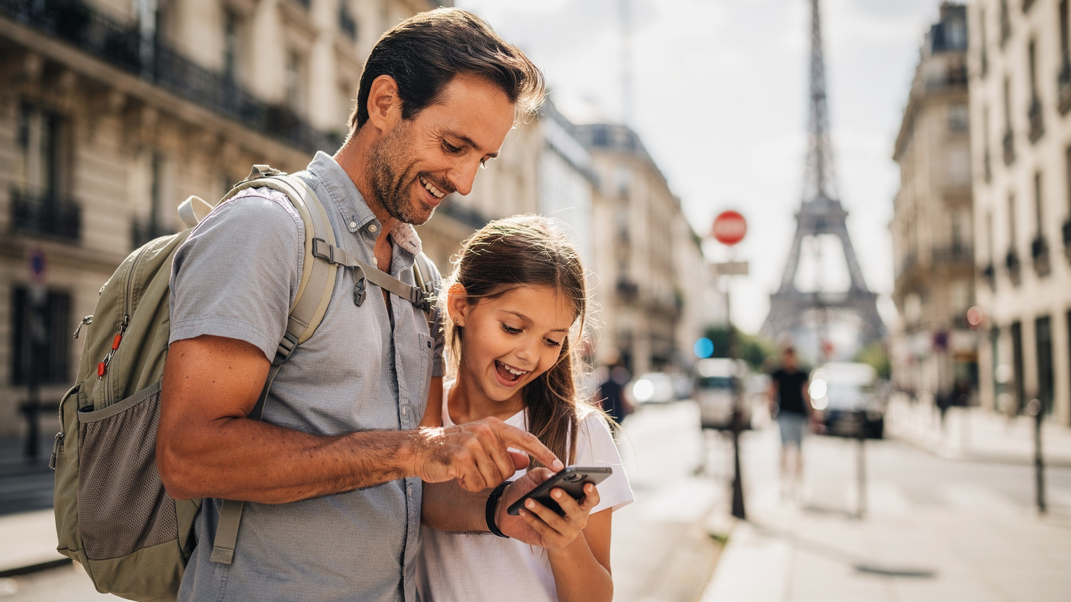 Un père souriant et sa fille utilisent un téléphone portable ensemble, illustrant la facilité d'utilisation d'une eSIM pour la famille lors d'un voyage à Paris, avec la Tour Eiffel en arrière-plan flou.