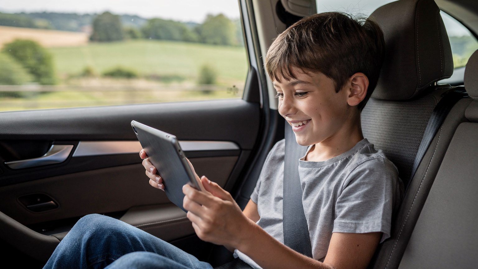 Un enfant, les yeux rivés sur une tablette, sourit dans le siège arrière d'une voiture, regardant un dessin animé, symbolisant la connectivité continue en voyage grâce à l'eSIM. Un paysage français défile derrière la fenêtre.