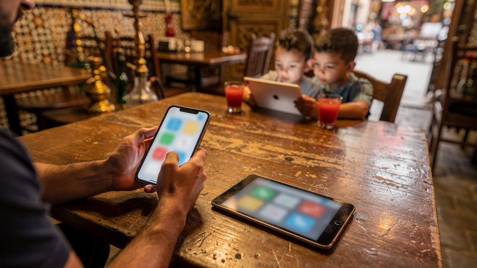 Le mani di un padre italiano mentre tiene il suo smartphone con l'interfaccia di un'app di controllo parentale aperta, mostrando le impostazioni dello screen time per un tablet appoggiato sul tavolo di un caffè egiziano, con i bambini in sottofondo che giocano tranquillamente.