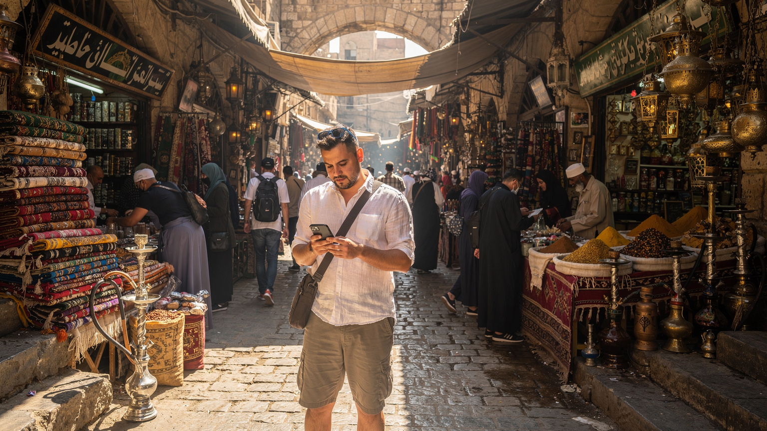 Un turista italiano, con una espressione leggermente perplessa, tiene il suo smartphone e scruta una mappa digitale mentre si trova in un souk affollato de Il Cairo, Egitto, circondato da persone locali e bancarelle colorate.