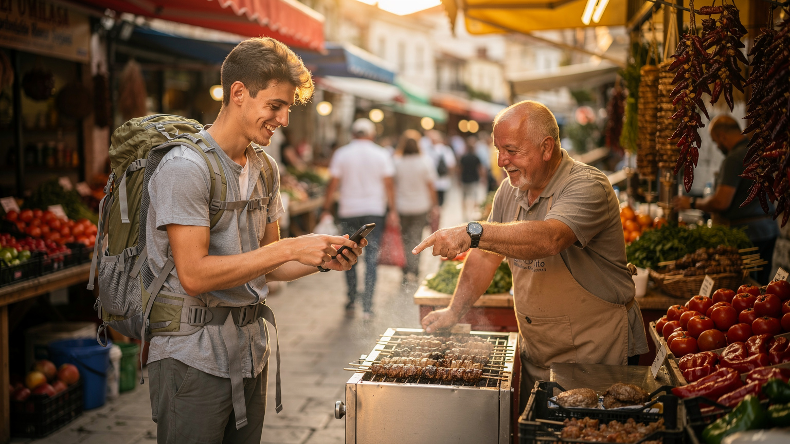 Ένας νεαρός backpacker χρησιμοποιεί το κινητό του για να παραγγείλει street food από έναν πωλητή κεμπάπ στους Αγίους Σαράντα, δείχνοντας την οθόνη του με ένα χαμόγελο, σε μια πολυσύχναστη αγορά.