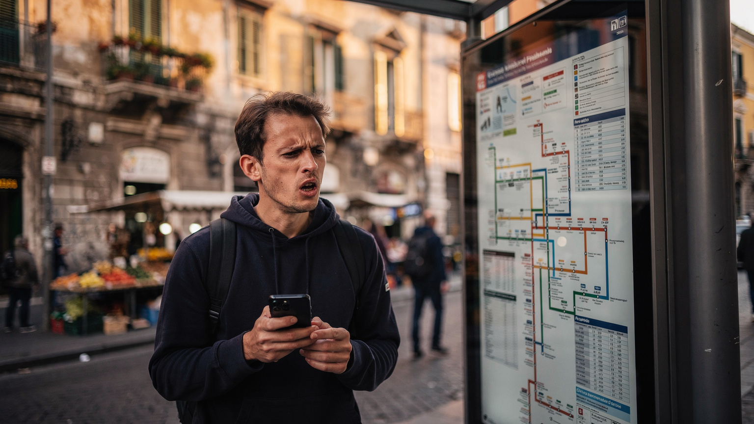 O persoană cu un Samsung Galaxy S26 într-o mână, privind cu frustrare la panoul de informații al unui autobuz, în timp ce încearcă să găsească ruta corectă, pe o stradă aglomerată din Napoli, la apus, cu lumină caldă.