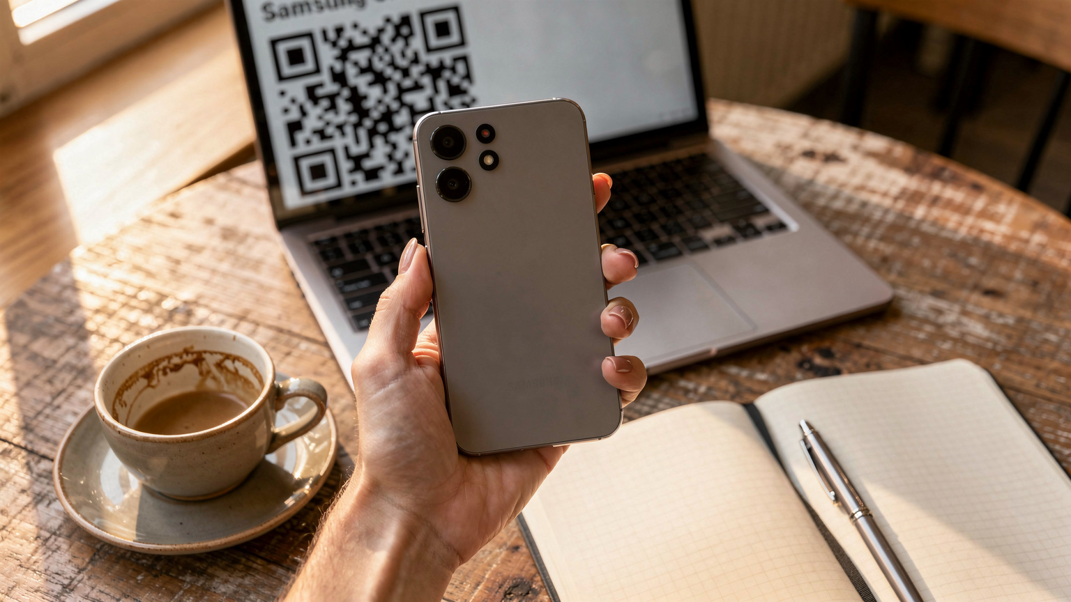 O mână cu manichiură minimalistă ținând un Samsung Galaxy S26, scanând un cod QR de pe ecranul unui laptop, într-o cafenea modernă, cu o ceașcă de cafea și o agendă deschisă pe masă, lumină caldă, dimineața.