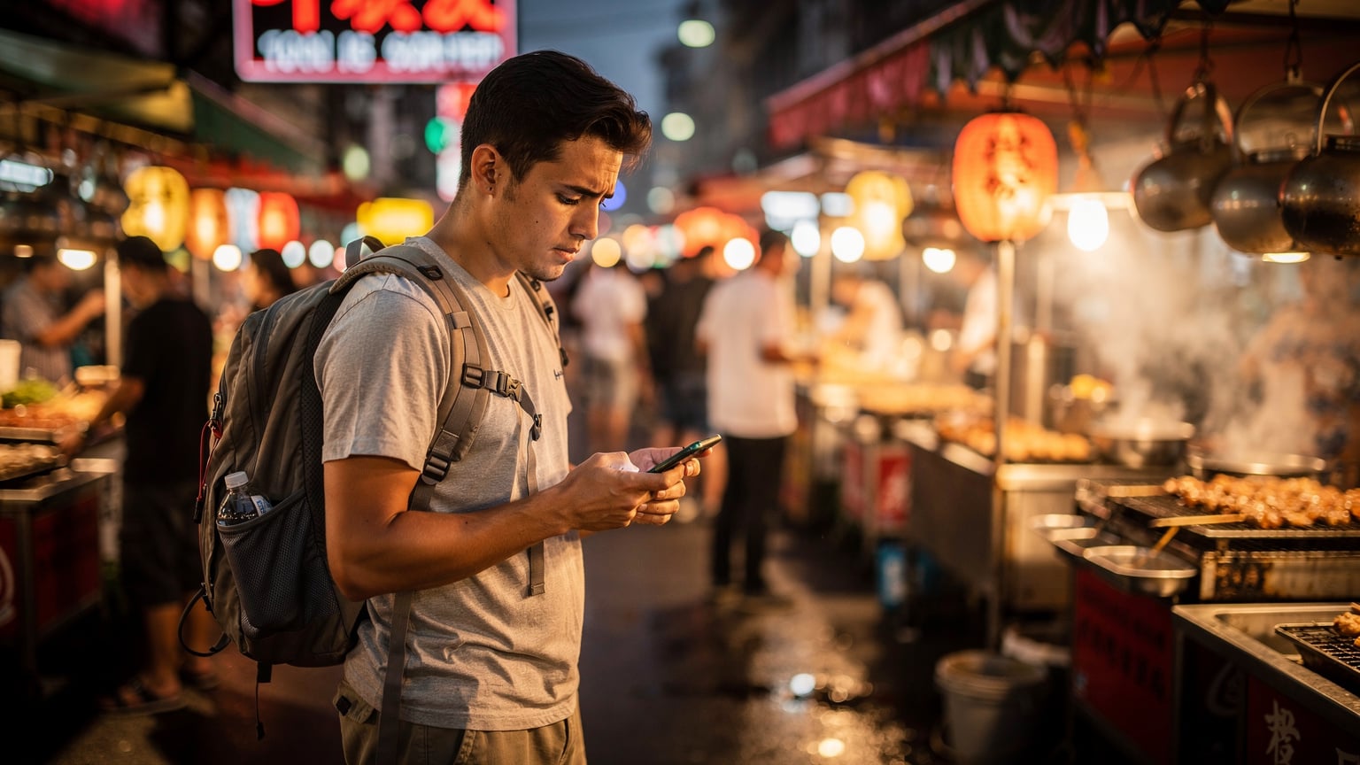 A young backpacker looking at their smartphone with a concerned expression, standing amidst a vibrant, crowded street food market in Bangkok's Chinatown.
