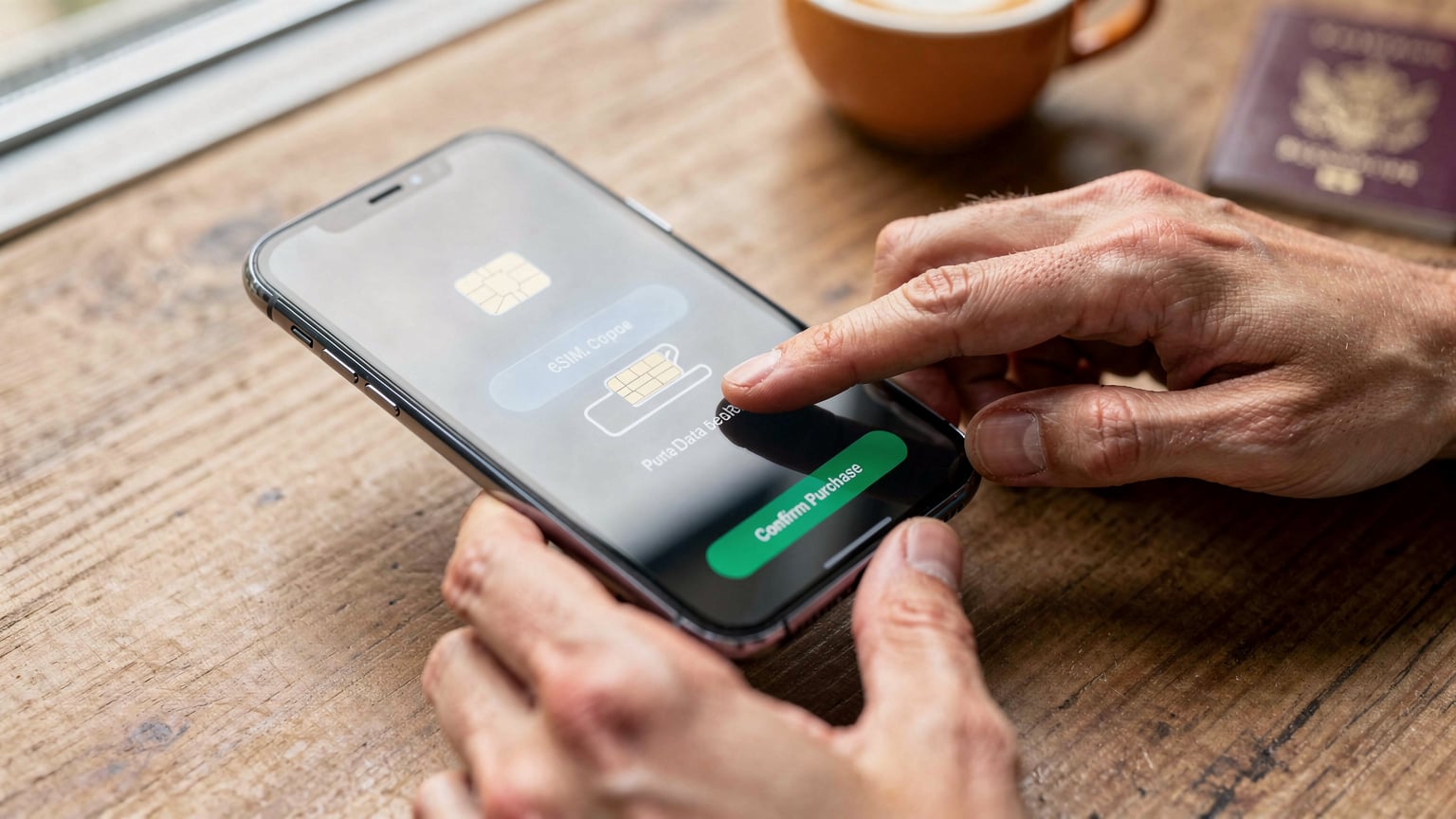 A close-up of hands tapping a smartphone screen to complete an eSIM data top-up, with a blurred coffee cup and passport in the background.